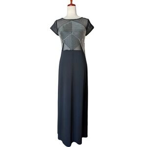 Vintage Ever Beauty Black White Geometric Mesh Cap Sleeve Maxi‎ Gown Size 10 NWT